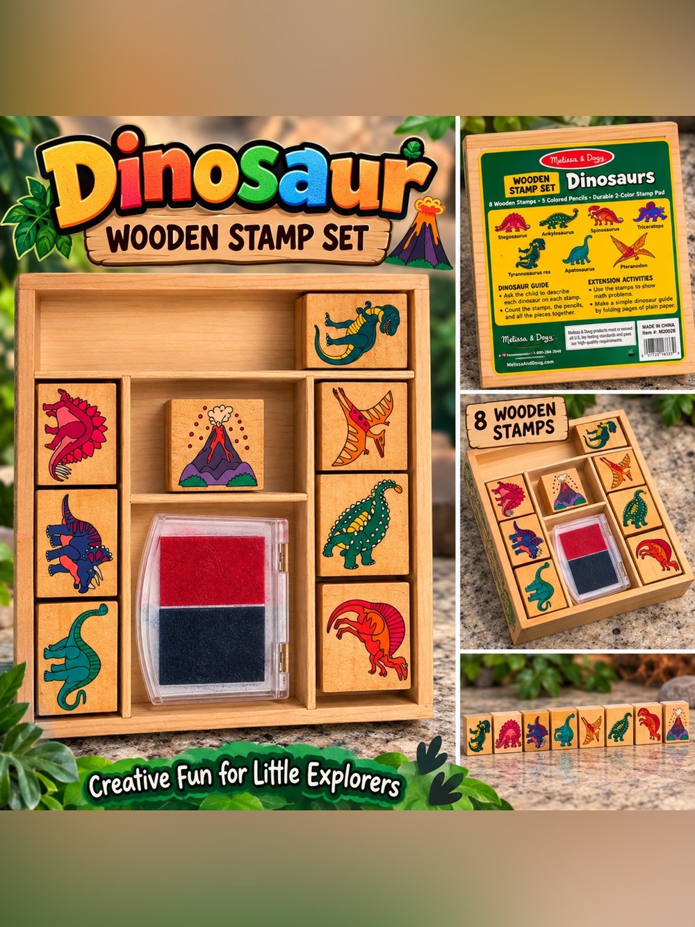 Melissa & Doug Dinosaur Wooden Stamp Set - Red & Black Ink EXCELLENT CONDITION